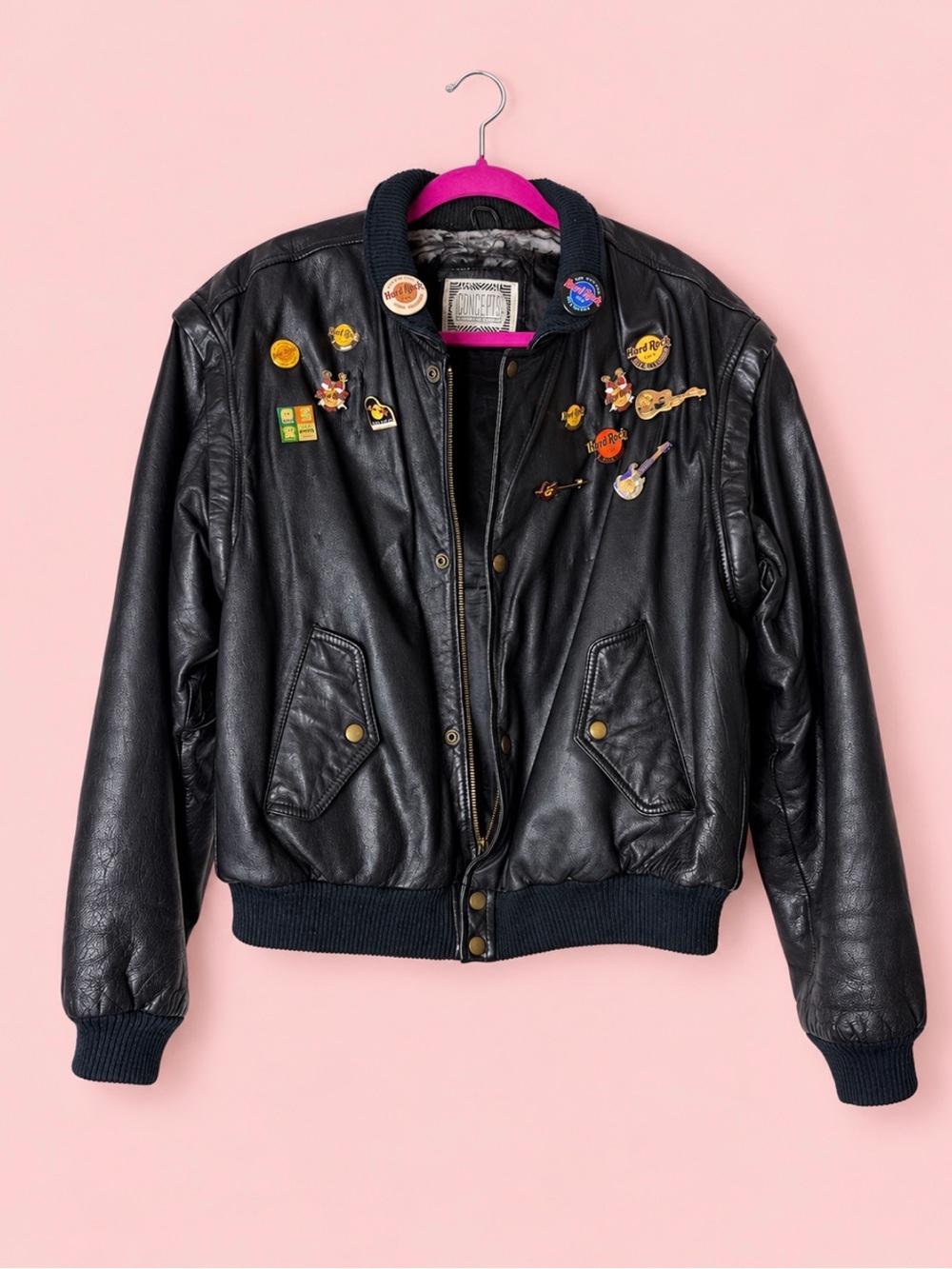 Vintage Hard Rock Cafe Black Leather Bomber Jacket w/collectible pins